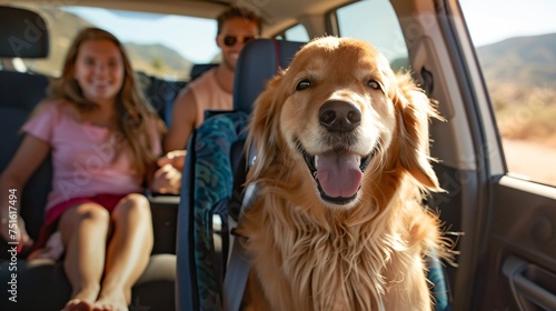 Travel Buddy a secure dog car seat in action as a family takes their furry friend on a road trip adventure