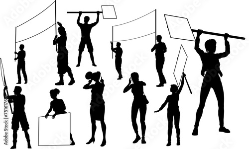 Protestors or demonstrators men and women. At a demonstration march, picketing line or strike protest rally in silhouette. Holding banners, picket signs and megaphone or mega phone.