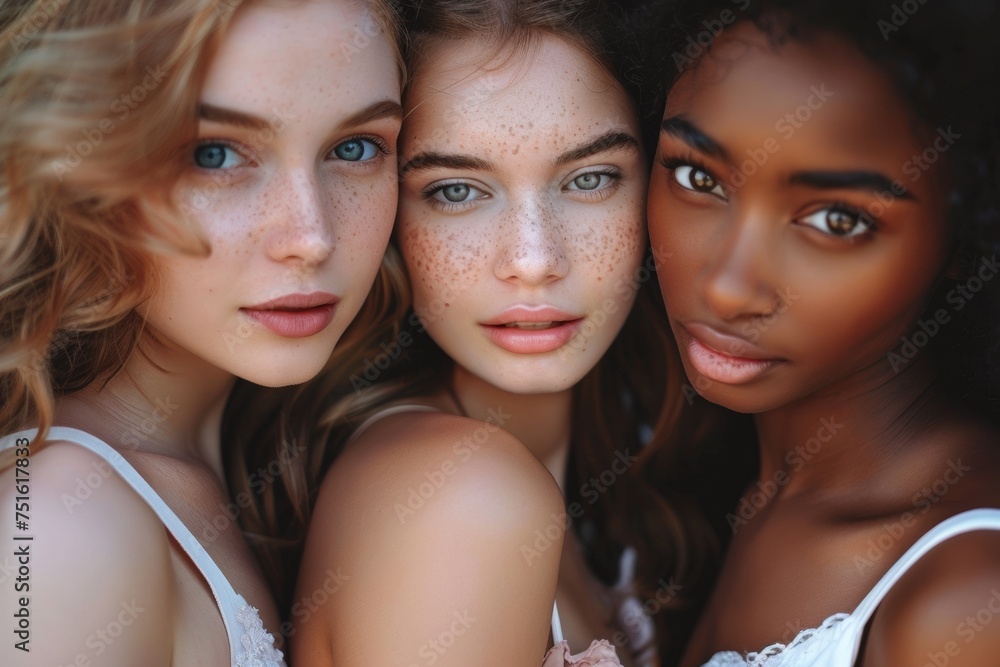 Close-up of three diverse women with freckles, showcasing natural beauty and strong gazes, exemplifying unity in diversity. Close-up of three diverse women with freckles, showcasing natural beauty and strong gazes, exemplifying unity in diversity.