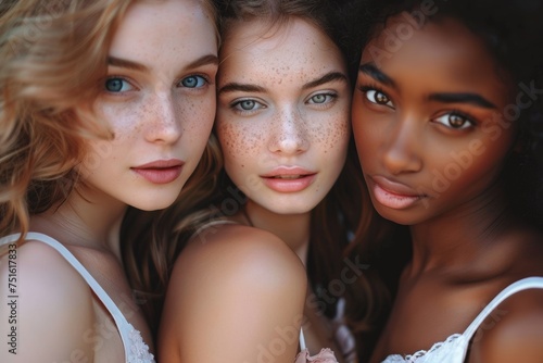 Close-up of three diverse women with freckles, showcasing natural beauty and strong gazes, exemplifying unity in diversity.