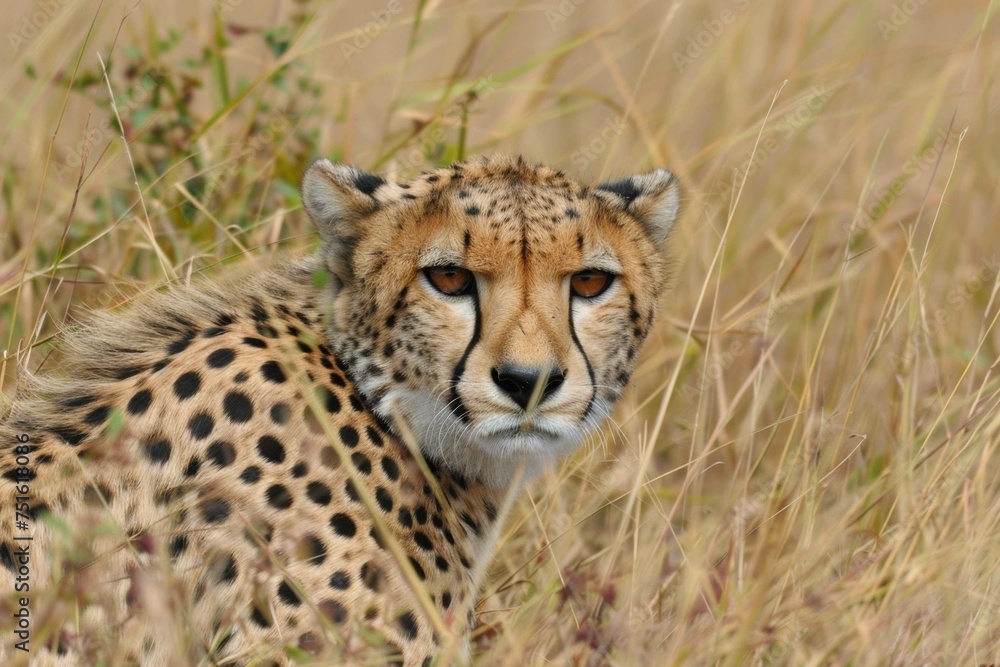 A cheetah crouched low in the tall grasses of the savannah, its intense focus evident as it watches its prey --style raw A cheetah crouched low in the tall grasses of the savannah, its intense focus evident as it watches its prey --style raw