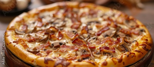 Delicious pizza topped with crispy bacon and gooey cheese, perfect for lunch or dinner