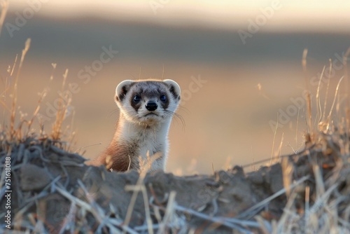 A black-footed ferret peeking out of a burrow on a prairie, with the sunrise in the background --style raw photo