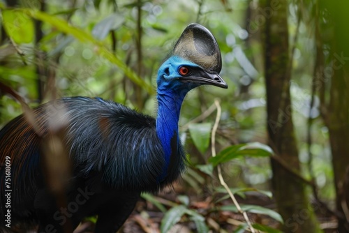 A cassowary roaming the rainforest underbrush, its vivid blue and black feathers and helmet-like casque making it an imposing sight --style raw photo