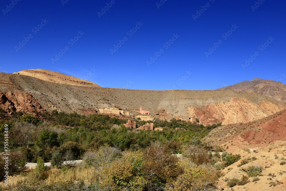 View on a ksar in the High Atlas which is a mountain range in central Morocco, North Africa, the highest part of the Atlas Mountains