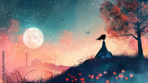 Dreamlike Landscape of a Woman Watching the Moon