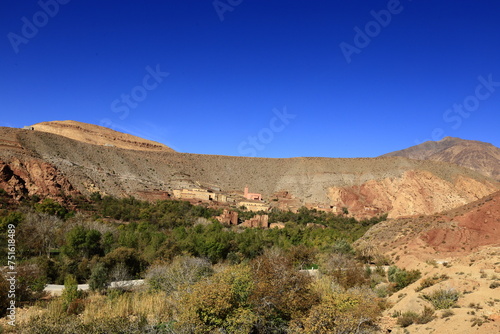 View on a ksar in the High Atlas which is a mountain range in central Morocco, North Africa, the highest part of the Atlas Mountains
