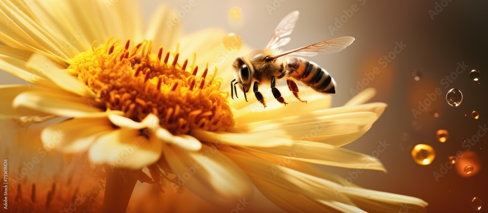A bee is descending towards a bright yellow flower, adorned with water droplets, creating a mesmerizing blur effect.