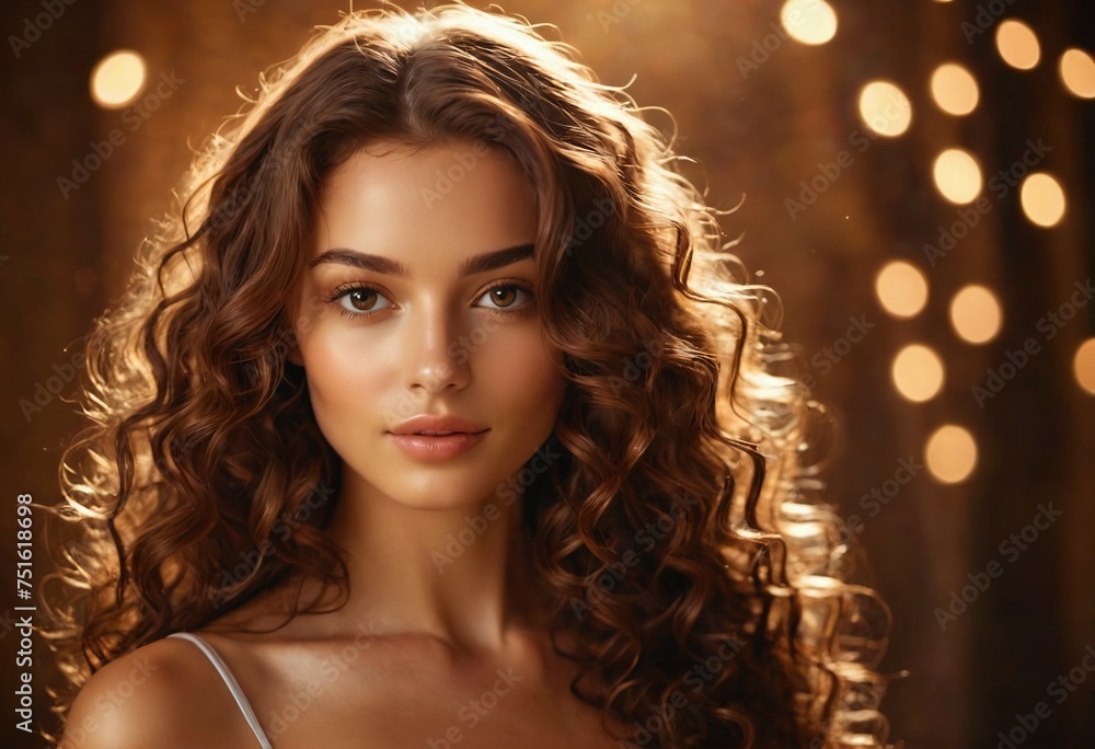Fashion model with long curly healthy hair, natural beauty, smooth healthy skin for hair care product advertising Fashion model with long curly healthy hair, natural beauty, smooth healthy skin for hair care product advertising