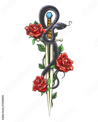 Engraving Tattoo with Snake and Roses on a Sword