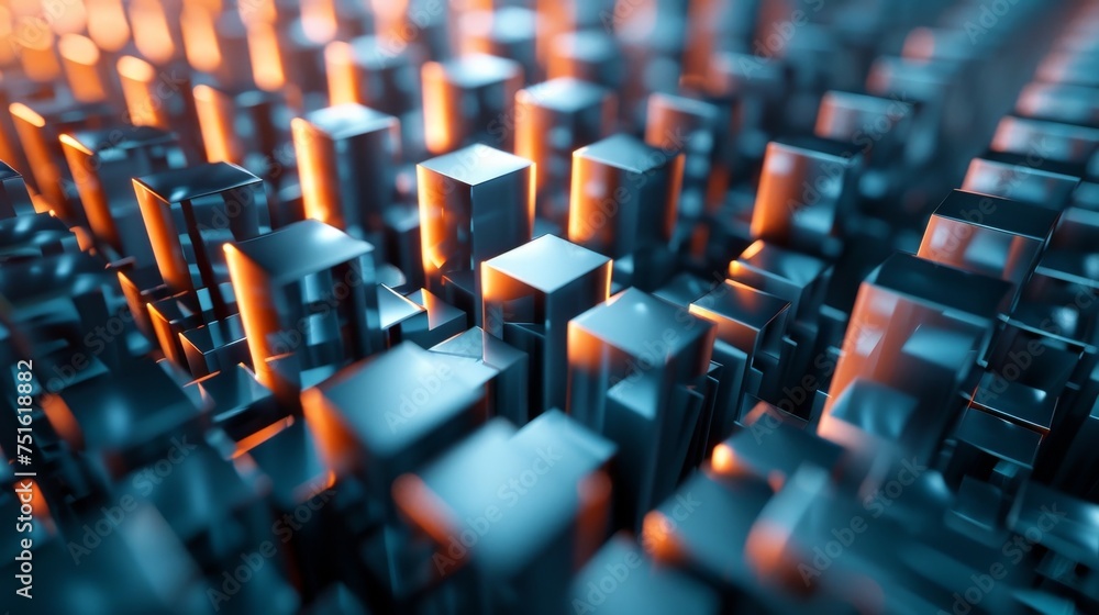 Fototapeta premium Urban Abstract Futuristic Cityscapes of Metal Cubes and Glowing Structures