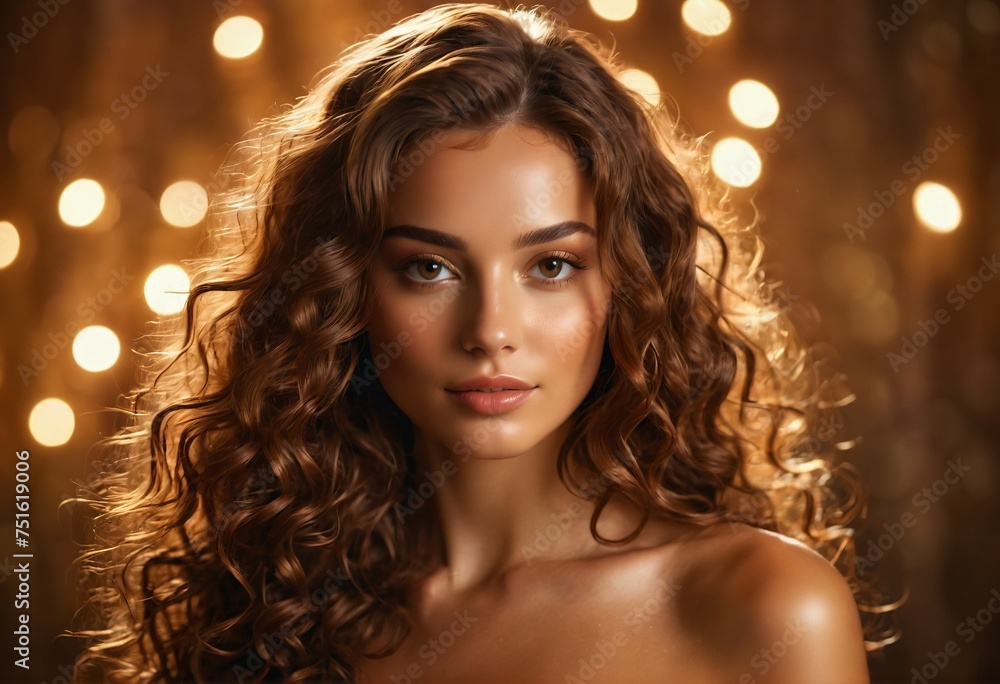 Fashion model with long curly healthy hair, natural beauty, smooth healthy skin for hair care product advertising Fashion model with long curly healthy hair, natural beauty, smooth healthy skin for hair care product advertising