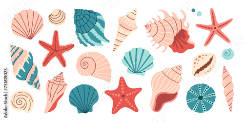 Sea shells set, mollusks, starfish. Trendy flat illustration of seashells collection isolated on white for stickers. © spirka.art
