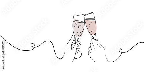 Continuous line champagne cheers one line art, continuous drawing contour. Hands toasting with wine glasses with drinks. Cheers toast festive decoration for holidays. Vector illustration	