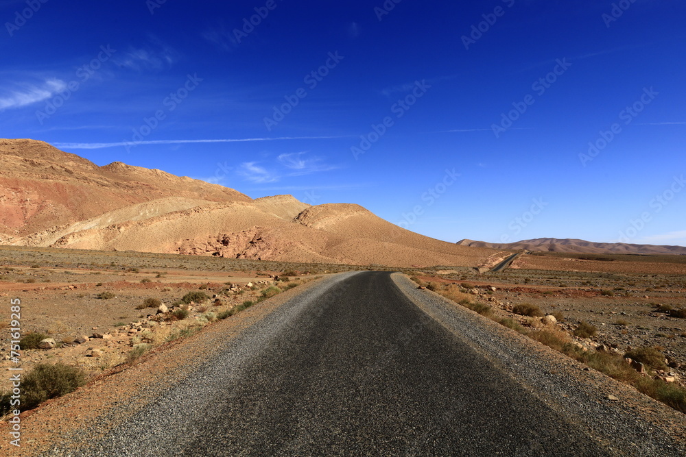 View on a road in the High Atlas which is a mountain range in central Morocco, North Africa, the highest part of the Atlas Mountains