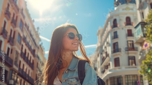 Young travel woman sightseeing urban outdoors.Traveling to Europe. Walking tour in Madrid.Backpack tourist experience.City girl.Cheerful tourist.Visiting Sol square 