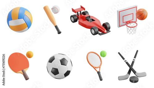 Fototapeta Naklejka Na Ścianę i Meble -  Sport 3d icon set. Sports disciplines. Volleyball, baseball bat, racing car, basketball hoop with ball, table tennis racket, soccer ball, tennis racket, hockey sticks and puck. Transparent background