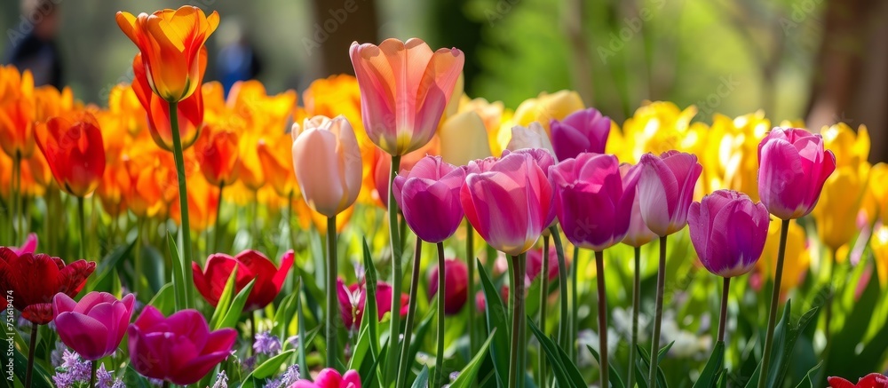 Vibrant and Colorful Tulip Field with Endless Rows of Beautiful Flowers Blooming in Springtime Vibrant and Colorful Tulip Field with Endless Rows of Beautiful Flowers Blooming in Springtime