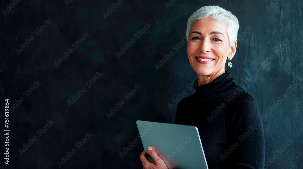 Portrait of an adult woman in a black turtleneck with a laptop in her hands on a black background with space for text. Portrait of an adult woman in a black turtleneck with a laptop in her hands on a black background with space for text.