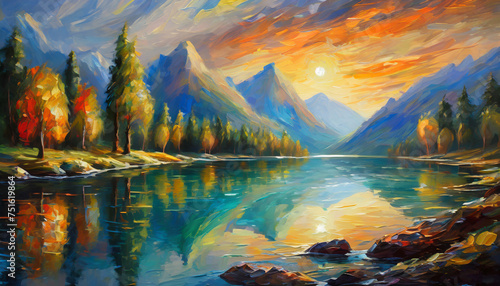 Abstract oil painting of mountains, river or lake and forest. Dramatic sky. Beautiful natural landscape.