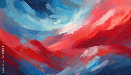 Expressive abstract painting with red and blue brushstrokes.
