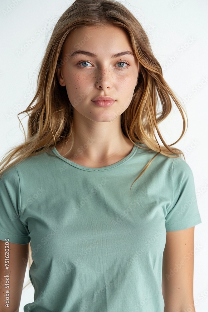 Experience a wide-angle view of a young Caucasian woman donning a light green round neck t-shirt made of smooth, unwrinkled fabric, set against a clean white background Experience a wide-angle view of a young Caucasian woman donning a light green round neck t-shirt made of smooth, unwrinkled fabric, set against a clean white background
