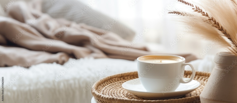 A cup of coffee sits atop a wicker tray, placed on a glass white table with a metal vase in the background. This image represents a cozy home interior concept. A cup of coffee sits atop a wicker tray, placed on a glass white table with a metal vase in the background. This image represents a cozy home interior concept.