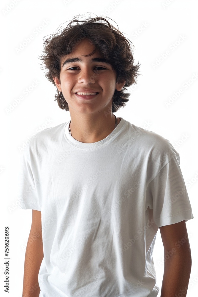 A youthful teenage boy donning a white t-shirt against a white backdrop, grinning with Hispanicore flair, rendered in lifelike photo-realistic compositions A youthful teenage boy donning a white t-shirt against a white backdrop, grinning with Hispanicore flair, rendered in lifelike photo-realistic compositions