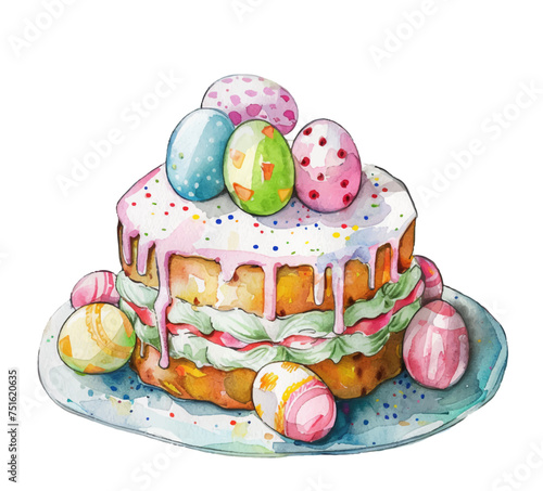 Watercolor Easter cupcake with eggs. The symbol and traditions of the Easter table. Watercolor illustration for Easter. Vector