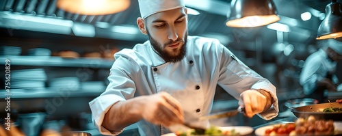 Experienced chef crafting a gourmet masterpiece in a bustling kitchen environment. Concept Gourmet Cooking, Experienced Chef, Busy Kitchen Environment, Culinary Creations, Chef's Expertise