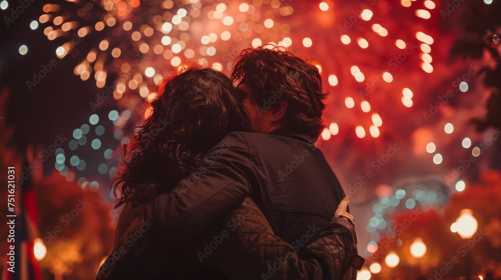 Couple Hugging in Front of Firework Show on a Summer Night