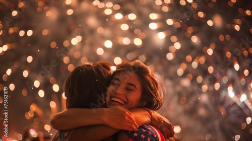 Girls Hugging with Fireworks Celebration photo