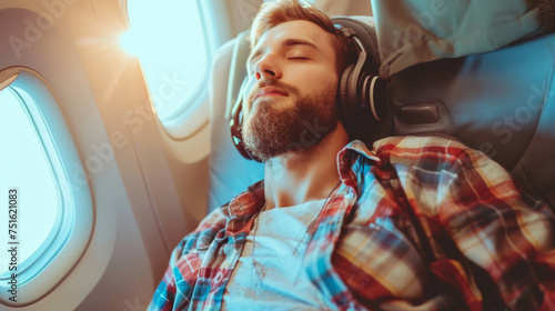 A man wearing headphones is peacefully asleep in an airplane seat, positioned against the backdrop of a window. photo