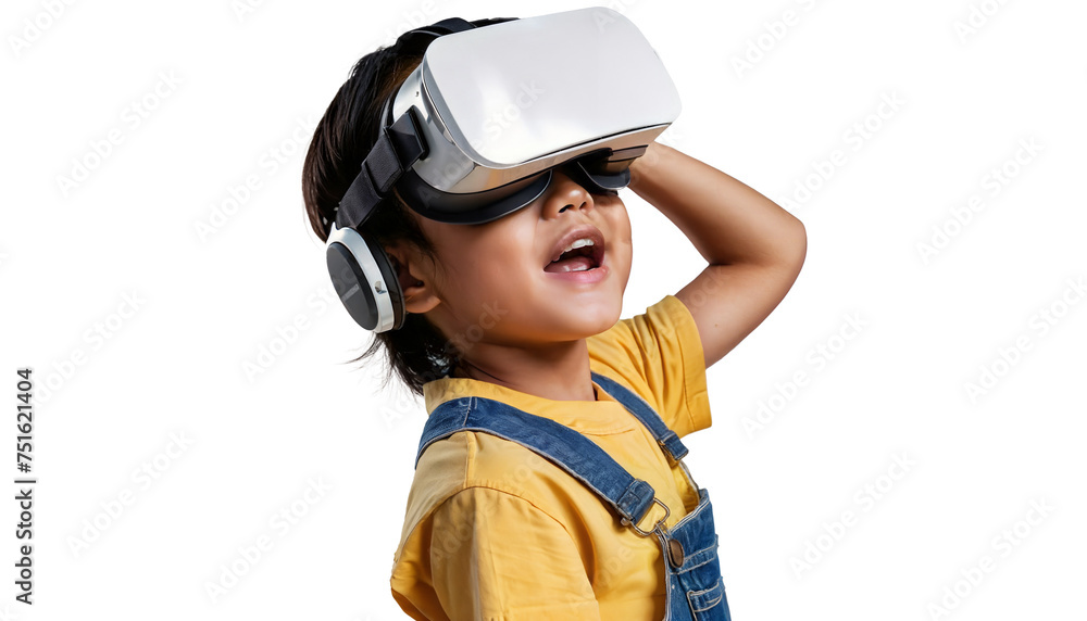 Asian boy wears VR while testing augmented reality technology in studio on transparent background. Asian boy wears VR while testing augmented reality technology in studio on transparent background.