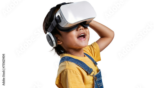 Asian boy wears VR while testing augmented reality technology in studio on transparent background.