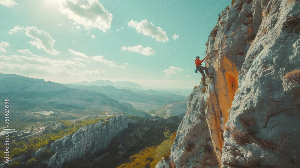 Rock Climber Ascending a Mountain Peak in the Spanish Mountains - obrazy, fototapety, plakaty 