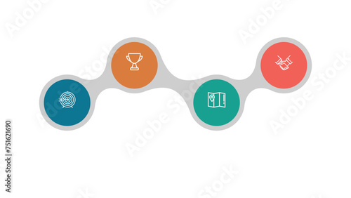 4 numbered round elements with thin line icons inside successively connected into horizontal chain, Vector illustration for presentation, banner, website, report