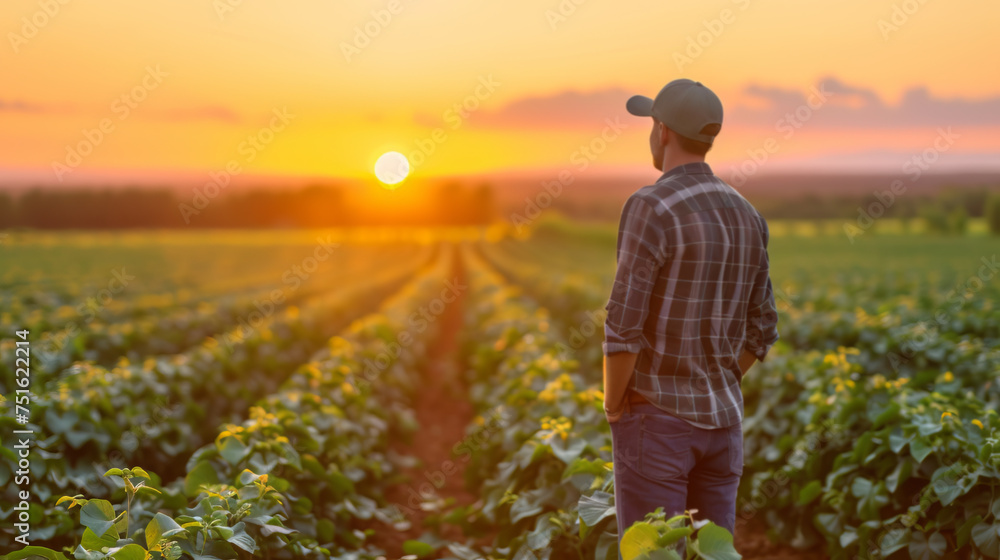 Farmer's Sunset Watch in Soybean Field
