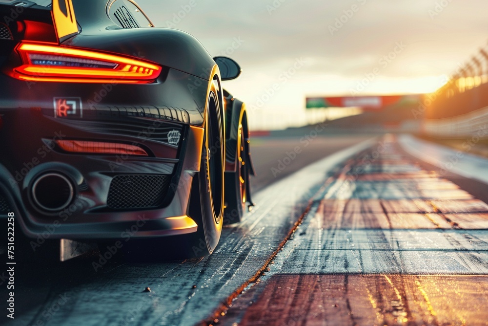 The smooth asphalt of an international race track sets the stage as a race car revs up at the starting line, ready to ignite the track. A skilled racer maneuvers the high-speed racing car - obrazy, fototapety, plakaty 