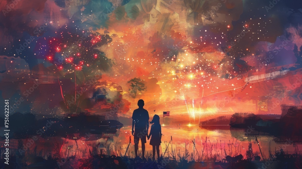 Digital Painting of Two People with Fireworks and a River