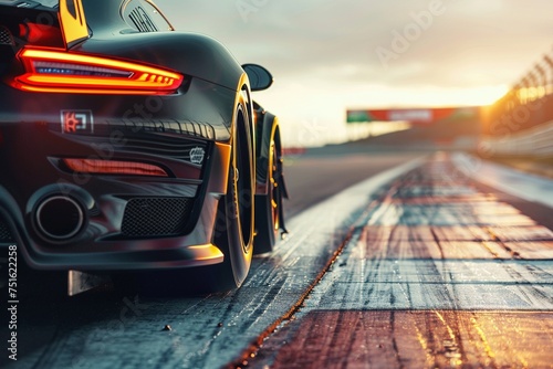 The smooth asphalt of an international race track sets the stage as a race car revs up at the starting line, ready to ignite the track. A skilled racer maneuvers the high-speed racing car