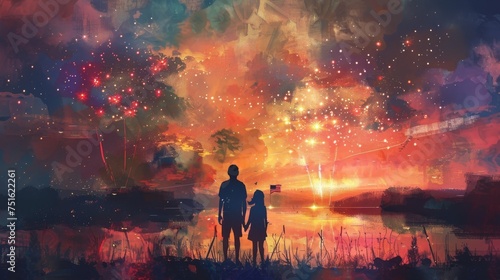 Digital Painting of Two People with Fireworks and a River