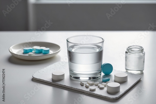 There is a glass of water on the table and pills next to it