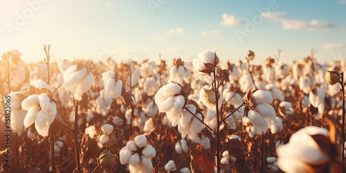 Cotton farm during harvest season. Field of cotton plants with white bolls. Sustainable and eco-friendly practice on a cotton farm. Organic farming. Raw material for textil photo