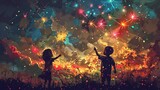 Children Playing with Fireworks on a Field at Night