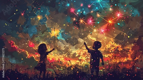 Children Playing with Fireworks on a Field at Night © ThamDesign