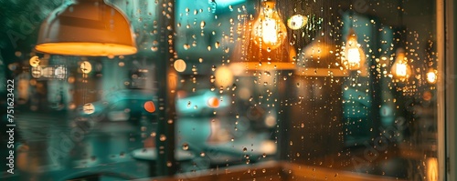 Intimate coffee shop interior rain on window soft jazz warm ambient lighting