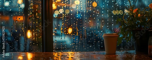 Intimate coffee shop interior rain on window soft jazz warm ambient lighting photo