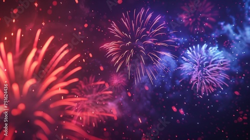 Crimson and Violet Fireworks Exploding in the Night Sky