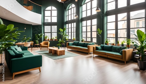 Beautiful modern spacious hall of student hostel, comfortable sofas, desks and chairs, big houseplants, big windows, full of soft ambient light, warm brown and dark green color scheme